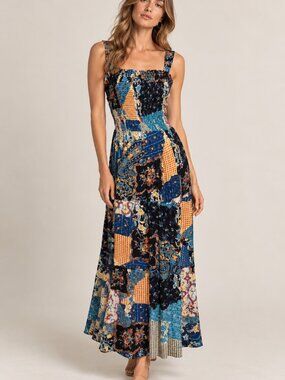 Sky and Sand Patchwork Midi Dress Smocked Boho Festival Rayon Size Large